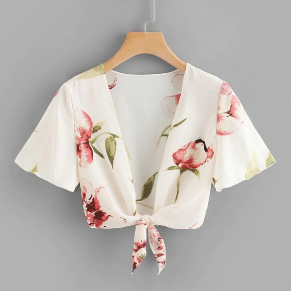 Tops - Floral Print Knot Hem Plunge Top